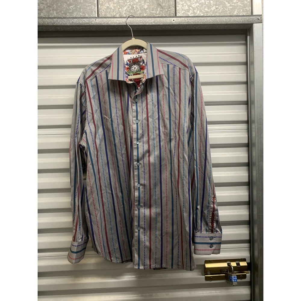 Robert Graham Striped Dress Shirt Size 1XL Long Sleeve Gray Flip Cuff England